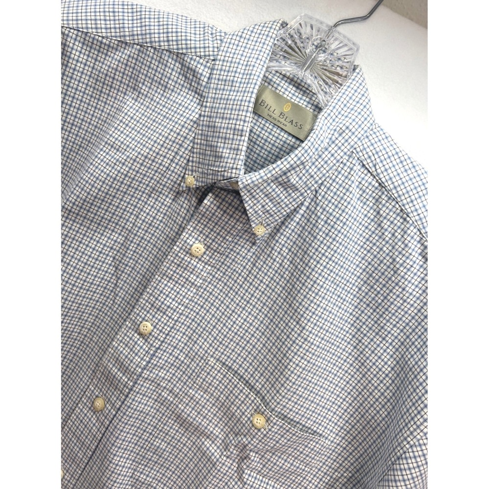 Bill Blass Mens Short Sleeve Button Down Shirt Blue White Micro Check Cotton L
